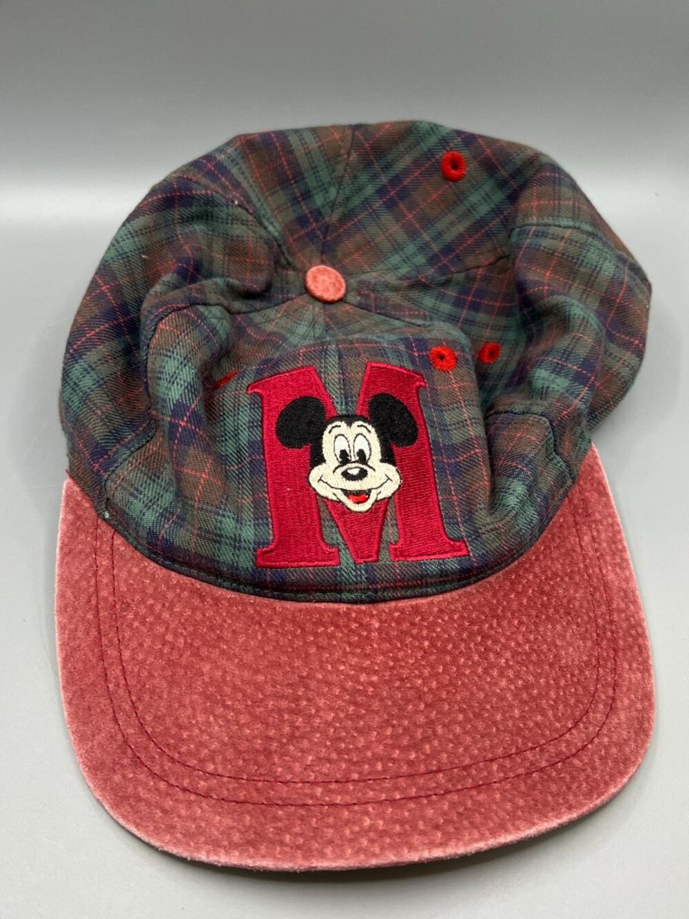 Vintage MICKEY MOUSE Plaid Snapback Hat ~ Disney Goofy's Hat Co ~ Red Suede Brim